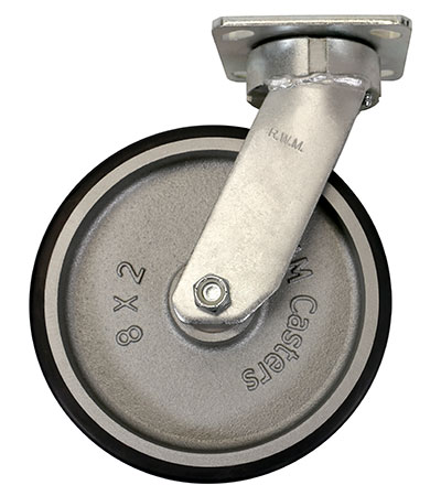 Side view of swivel caster with black and silver wheel